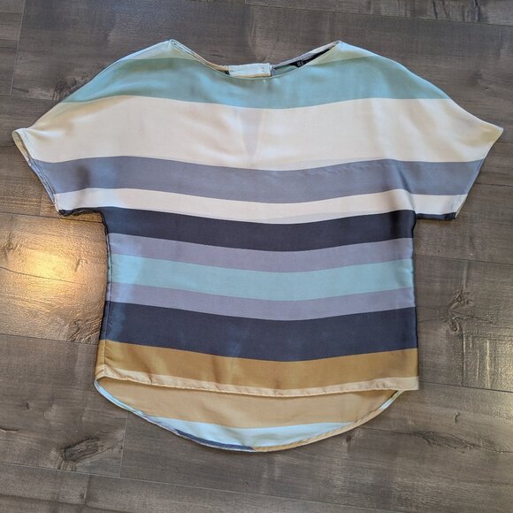 Zara Silky Short Sleeve Blouse with Cream, Gold & Blue Stripes - Picture 2 of 5